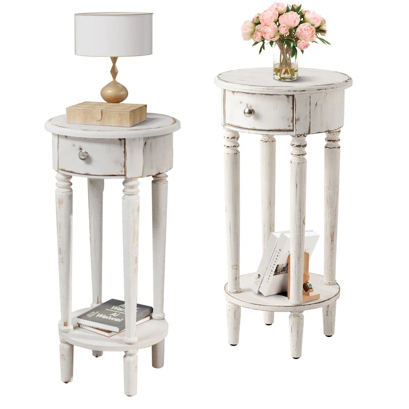 White Distressed Round Tall Telephone Stand Table