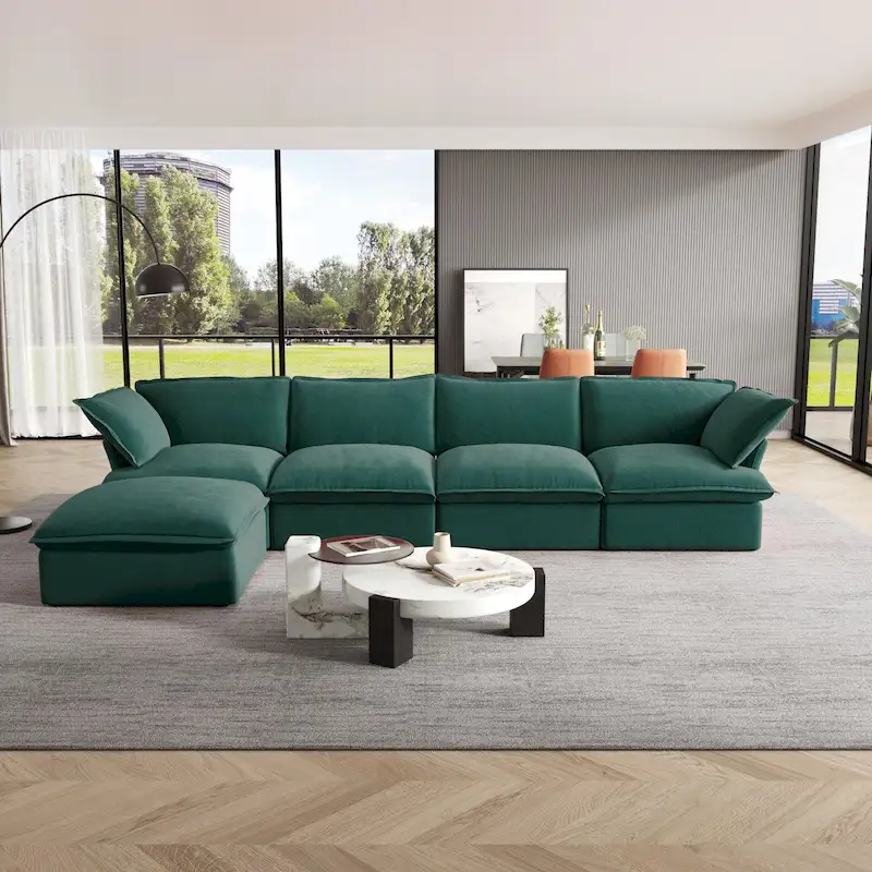 Cloud Sectional Sofa, 5-Seater Down Feather Modular Sofa L-shaped Velvet Wide Deep Seat Convertible Couch.