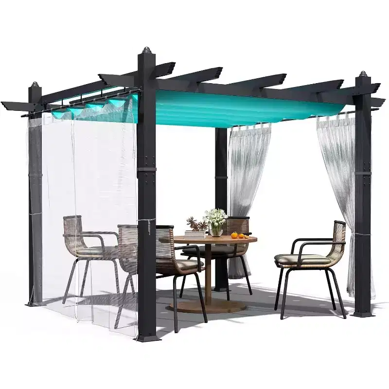 Modern Aluminum Outdoor Pergola with Retractable Canopy & Side Mesh  Faux Wood Grain Patio Gazebo,Mosquito Netting,UV Protection for Backyard,Deck