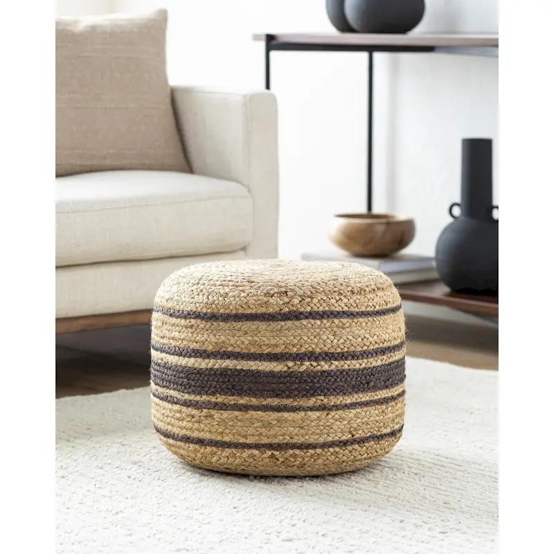Woven Jute Pouf, Farmhouse Stripe Style – Dark Brown / Light Brown, Single