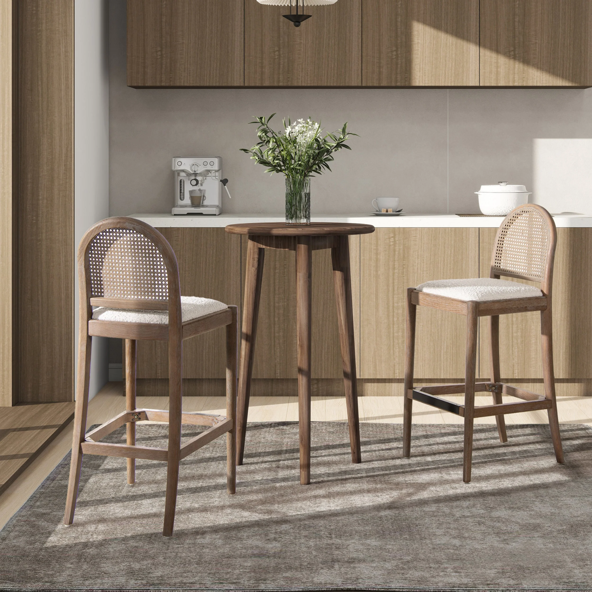 Panama Boucle 30.5' Curved Back Cane Rattan Bar Stool, Set of 2