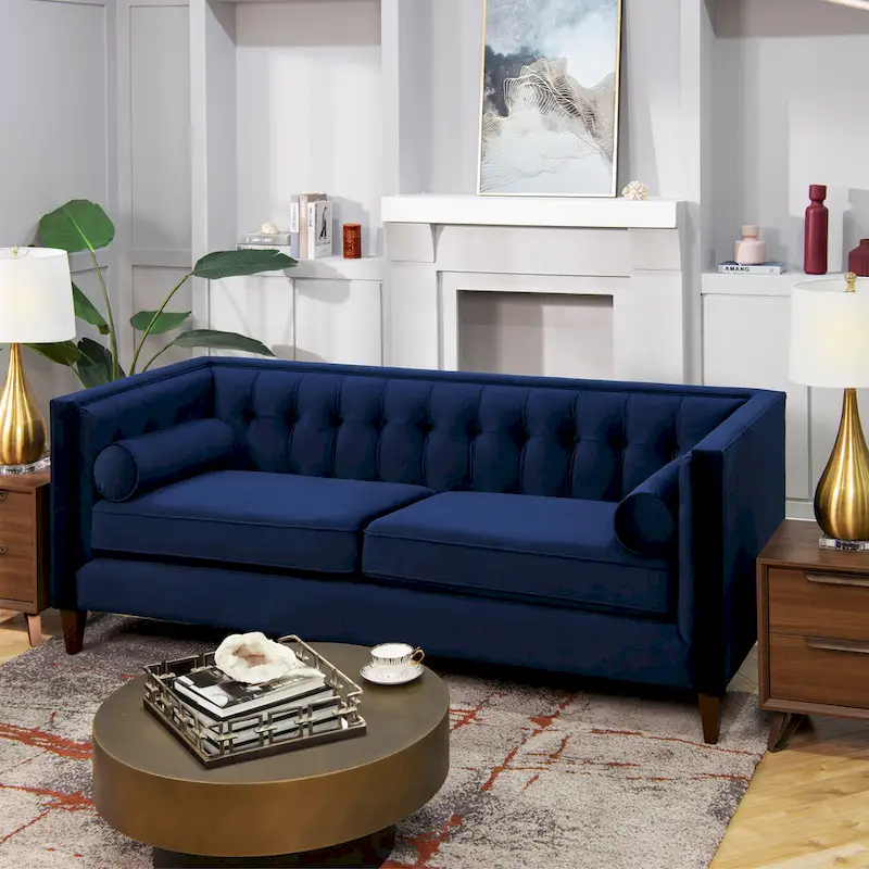 84-Inch Modern Button-Tufted Tuxedo Sofa with Tapered Wood Legs & Bolster Pillows