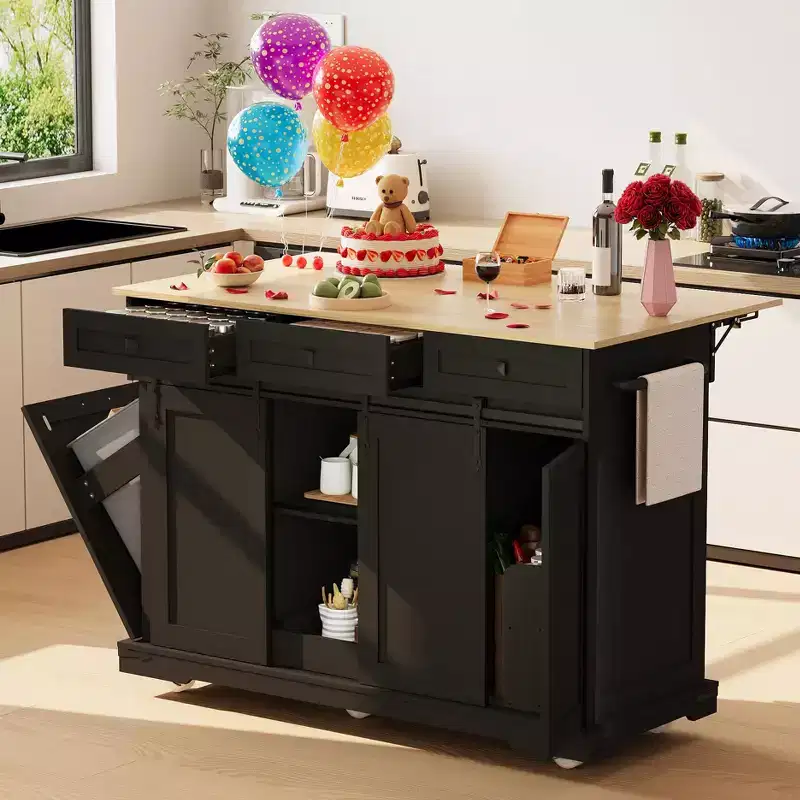 Large Rolling Kitchen Island, Mobile Kitchen Cart on Wheels, 3 Drawers, Trash Can Storage, Spice Rack, Towel Holder, for Dining Room, Home