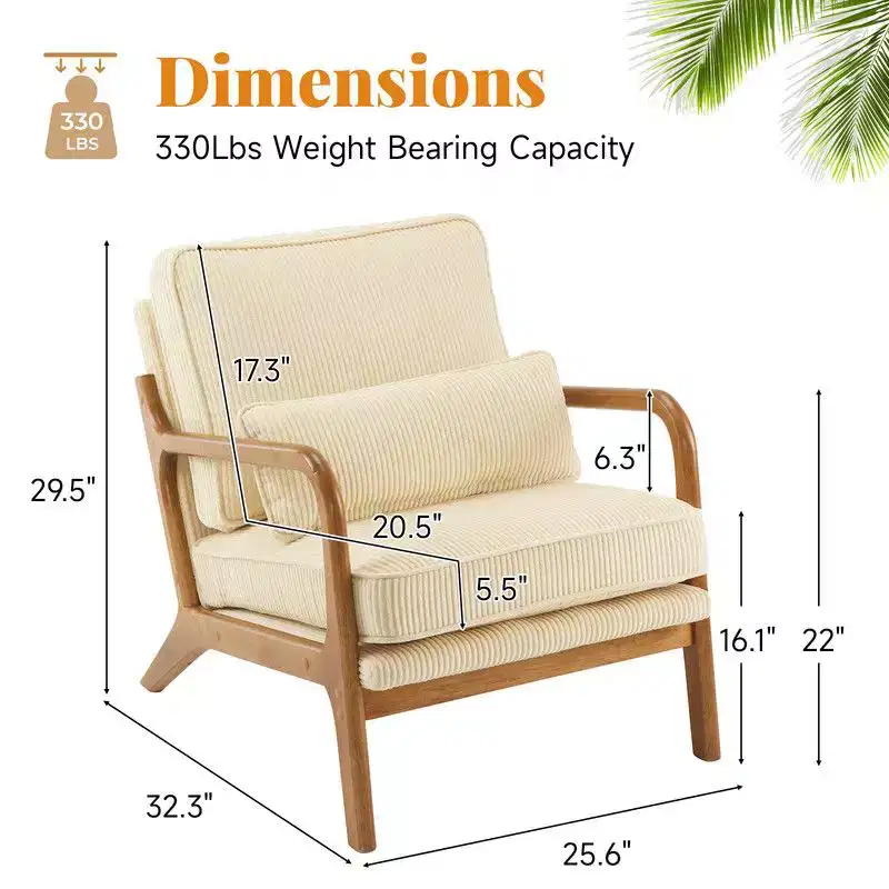 Karl Home 2Pcs Mid Century Solid Wood Accent Chair Upholstered Armchair with an Extra Pillow