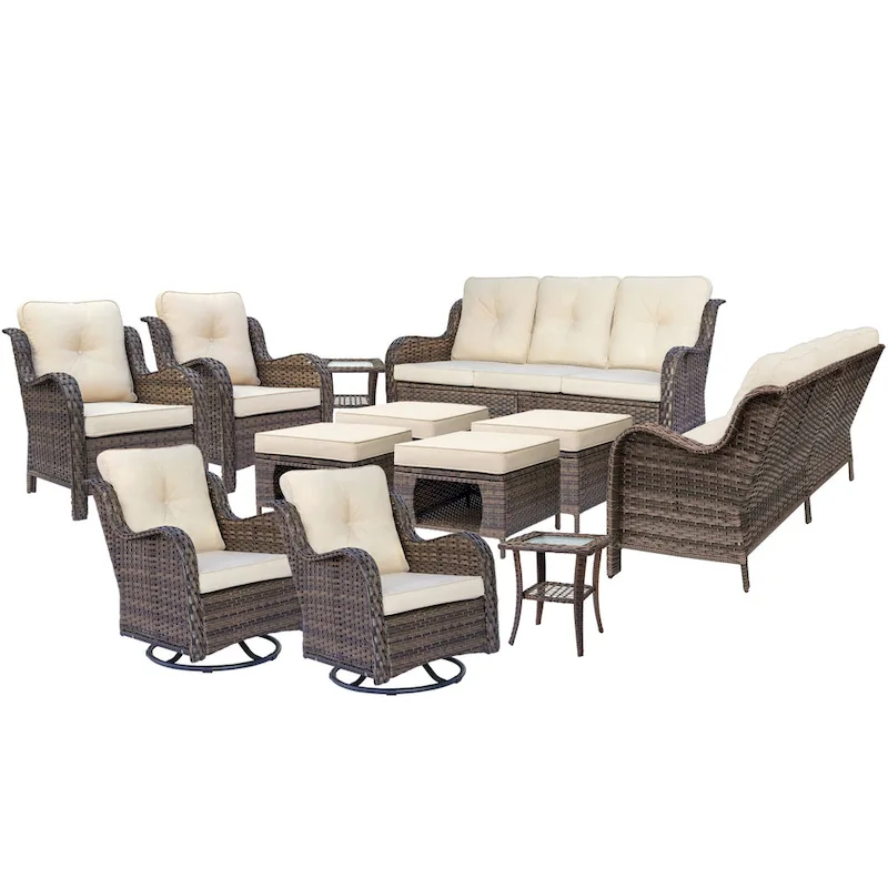 Rattan Wicker Outdoor Patio Furniture Sofa Set with Swivel Rocker Chairs