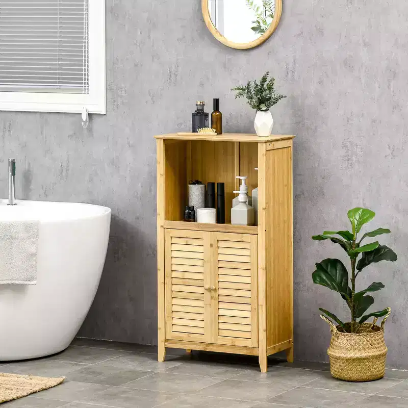 HOMCOM Bamboo Floor Cabinet Bathroom Floor Cabinet Living Room Organizer Tower with Multiple Shelves and Doors, Natural