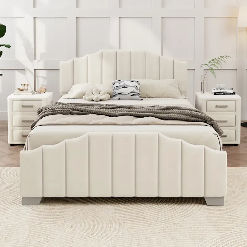 Modern King Size Bedroom Set, with Upholstered Platform Headboard and 2 3-Drawer Nightstands, No Box Spring Needed