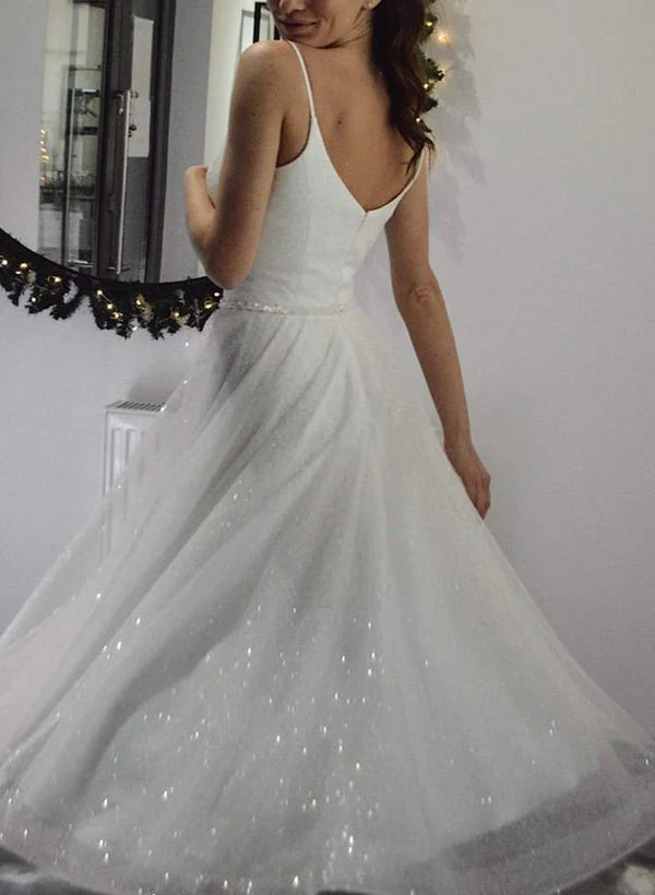 Shiny A-Line V-Neck Sleeveless Little White Sequined Wedding Dresses