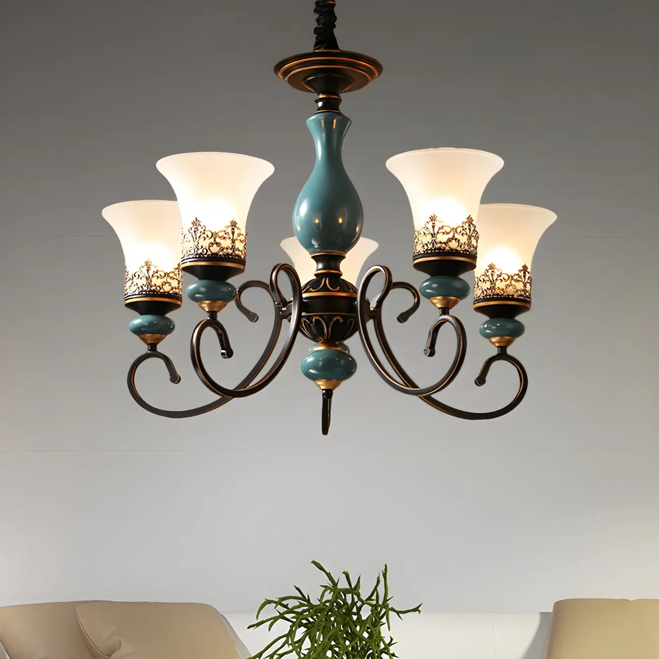 Classical Frosted Glass Blue Ceramic Up Chandelier