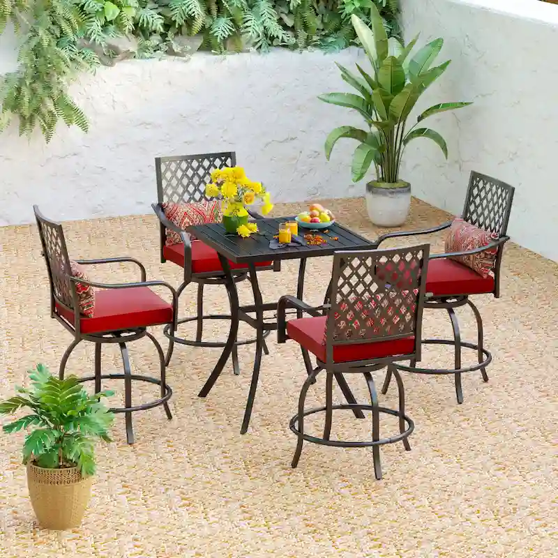 MAISONARTS 3/5-Piece Patio High Bar Stool Set Rattan Chair Back Cushioned High Bar stool & Steel High Table