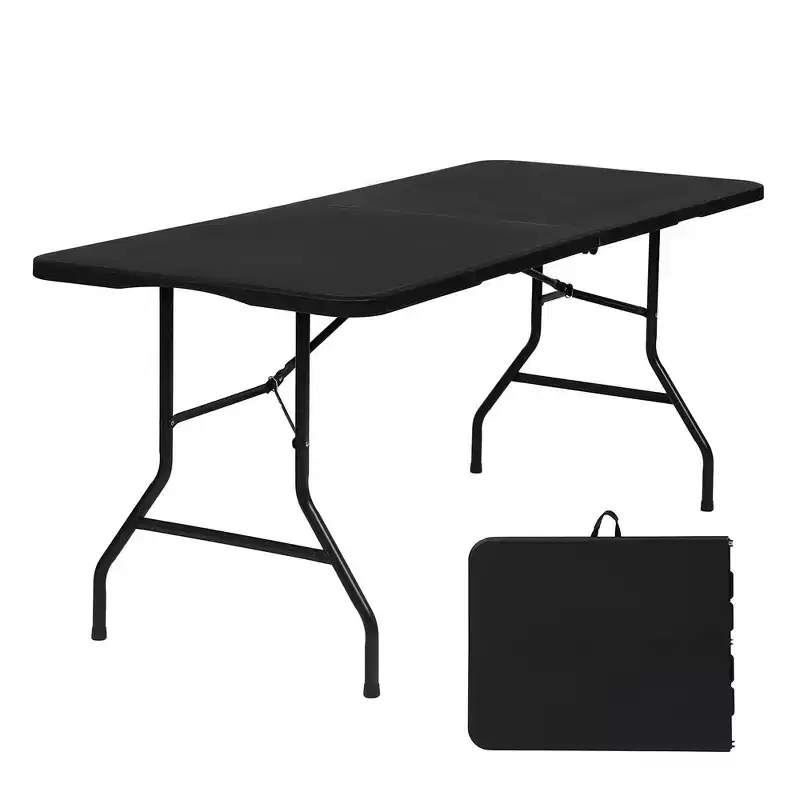 6 Foot Portable Folding Table HDPE Plastic Indoor Outdoor Fold-in-Half Black Seats 8 to 10