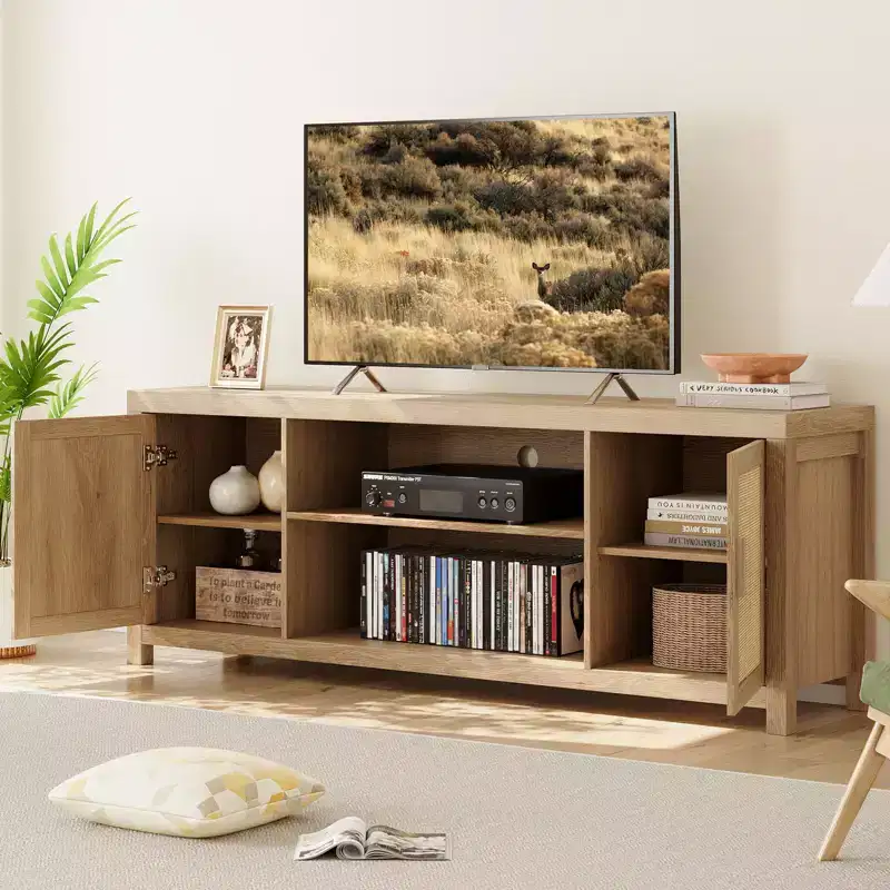 GustoWave Boho TV Stand, Rattan Entertainment Center with Adjustable Shelves & Storage, Natural Oak