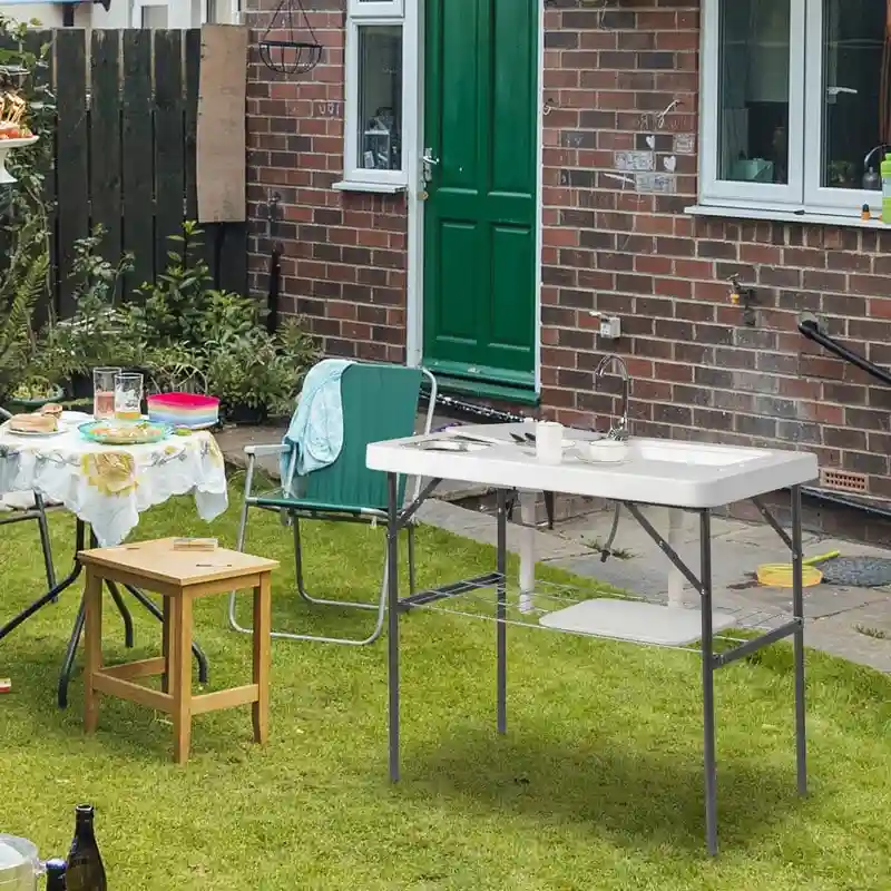 HDPE Rectangular Folding Portable Outdoor Fish Killing Table with Sink Faucet - N/A