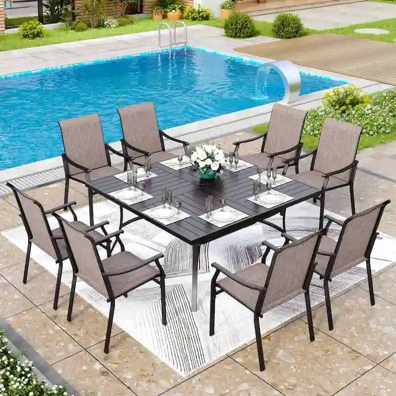 MAISON ARTS 9-Piece Patio Dining Set, 60 Inch Square Metal Table and 8 Textilene Fabric Padded Armchairs