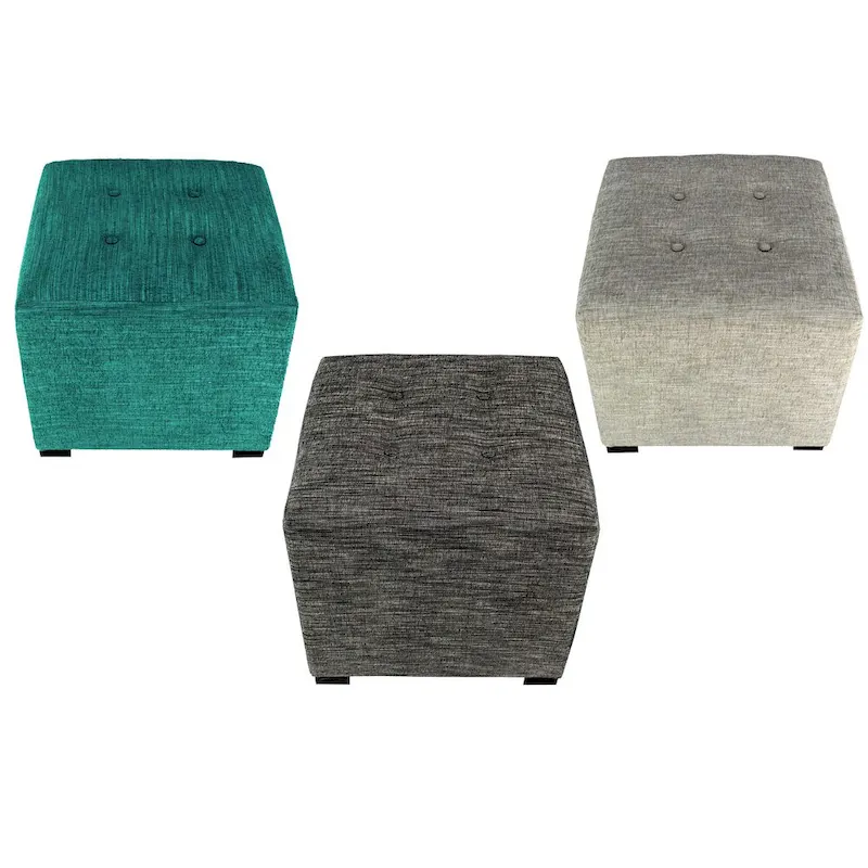 Square Button-Tufted Cotton Ottoman – Espresso / Grey / Aqua, Wood Legs, Single