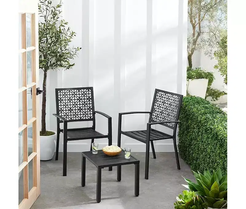 Stackable Outdoor Bistro Set 3 Piece Patio Table and 2 Chairs, Modern Wrought Iron Furniture with Scalloped Back for Porch Garden