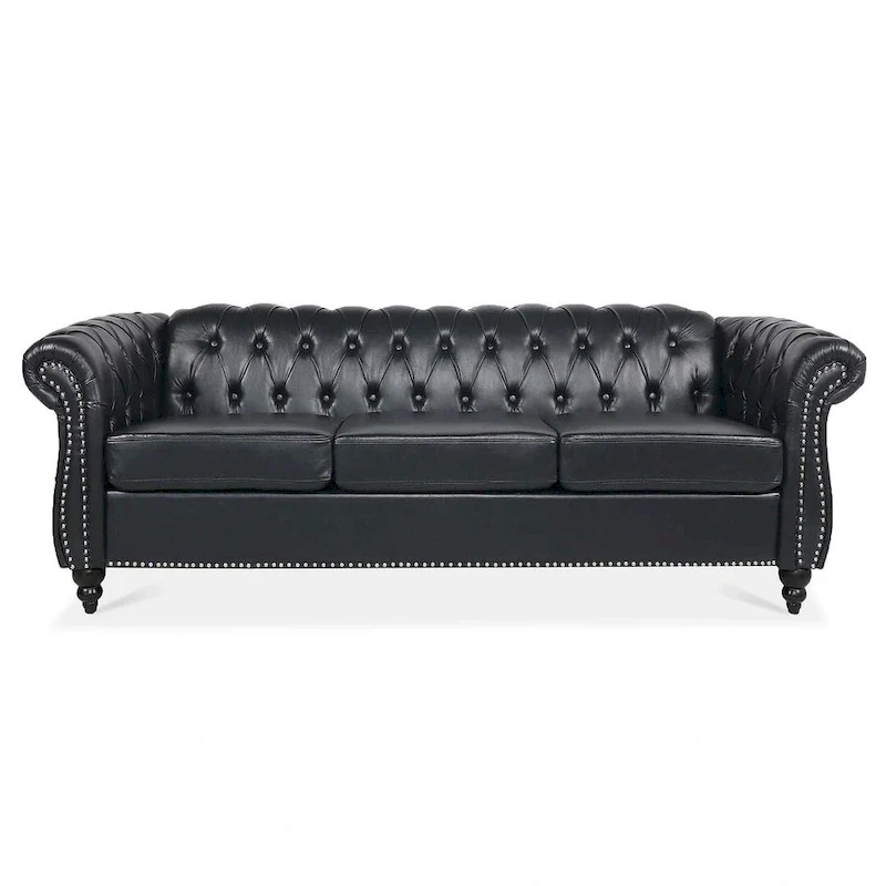Tufted Sofa - Faux Leather, Rolled Arms Design, Seats 3