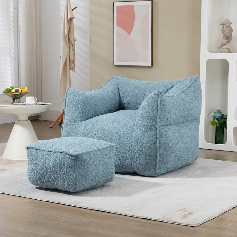 Boucle Upholstered Deep Seat Armless Square Bean Bag Chair with Ottoman