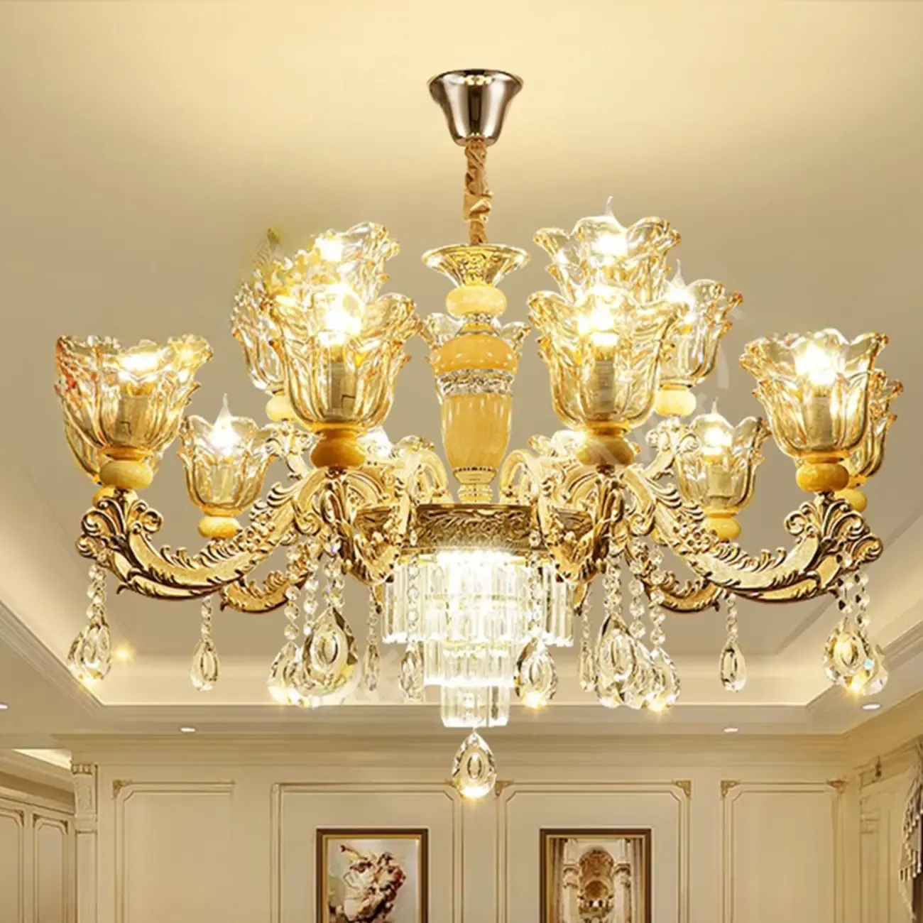 Adjustable Luxury Gold Flower Shape Clear Glass Chandelier