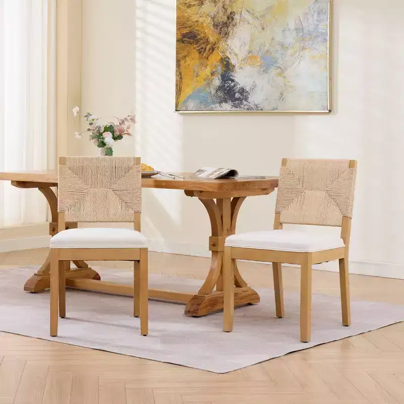 GDFStudio Haven Linen Upholstered Wooden Dining Chair with Rope Backrest( Set of 2)
