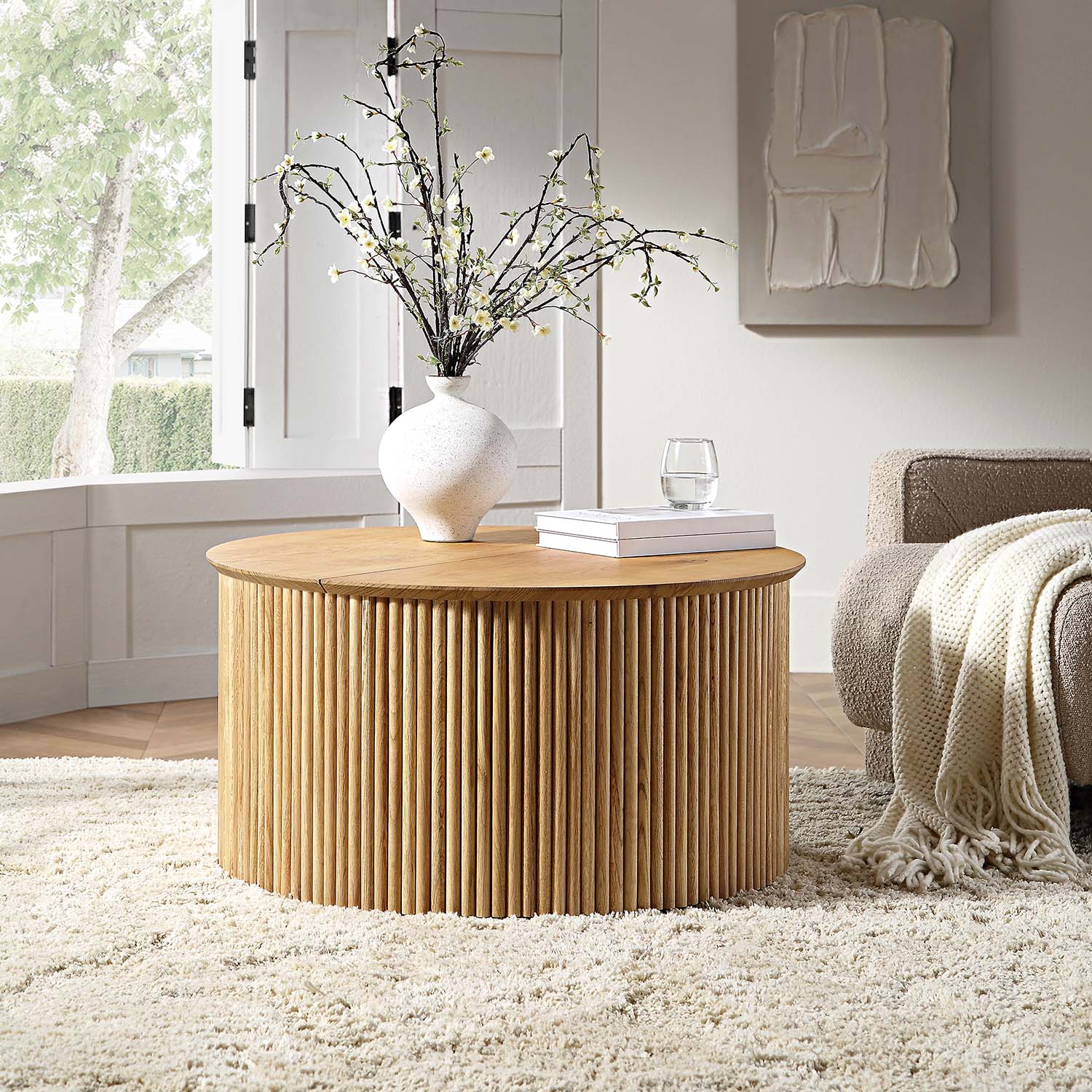 Oak Round Coffee Table with Storage, Oak