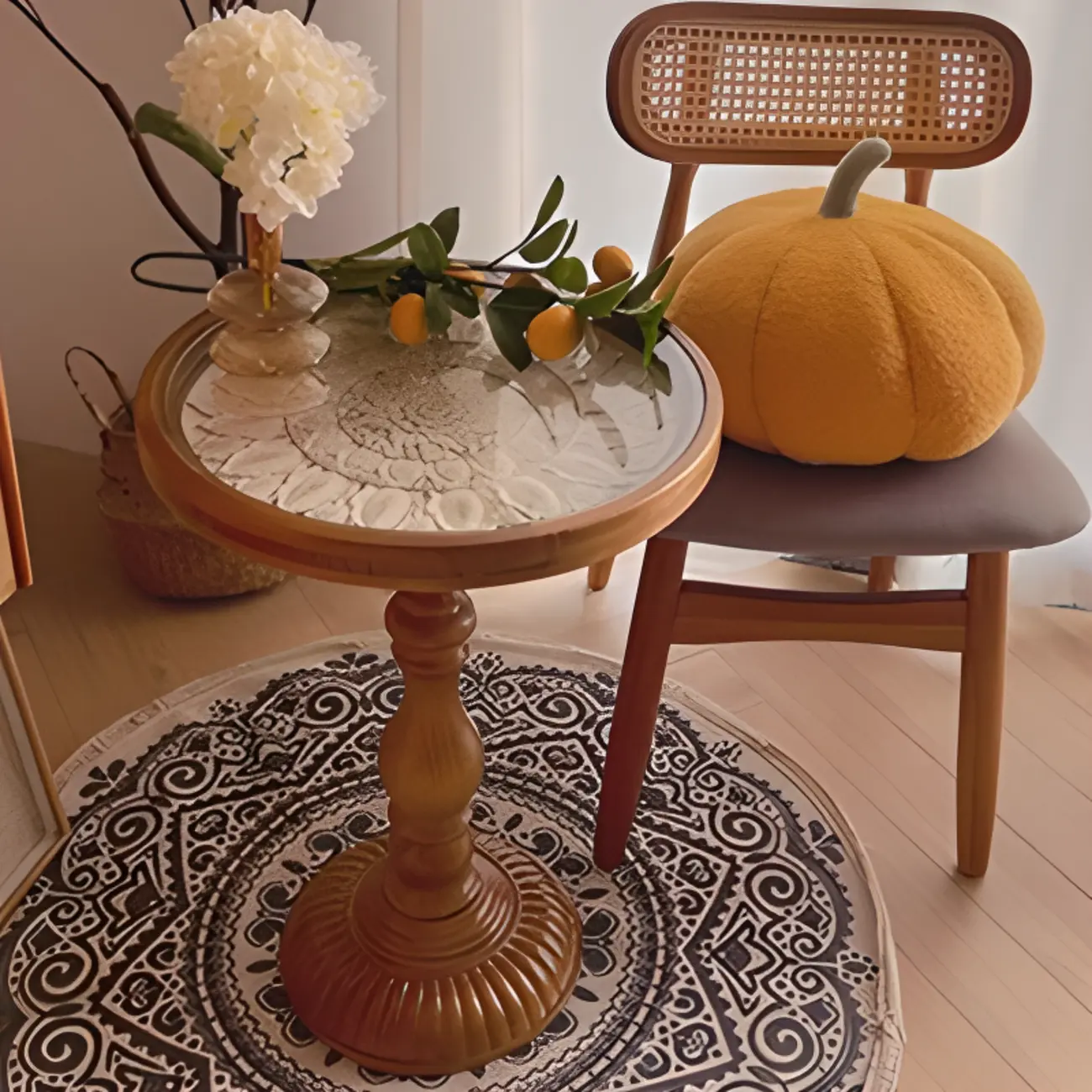 Classic Brown-White Wood Round Pedestal Chairside Table