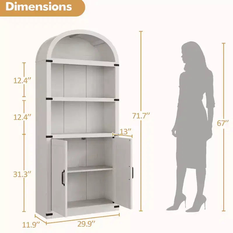 Bookcase with Doors Arched Bookshelf 71.65 in Tall Bookcase Farmhouse Cabinet with Shelves Wooden Bookshelves for Home Office, Living Room