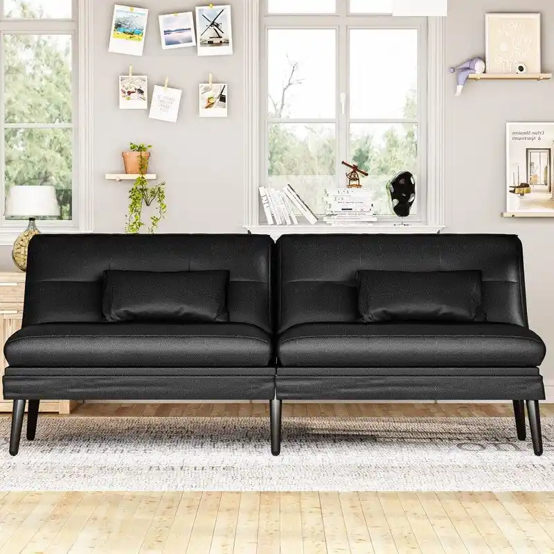 Grondin Convertible Futon Sofa Bed, 5-Angle Adjustable Backrest Sleeper Couch with 2 Pillows, Modern Style Recliner Lounge