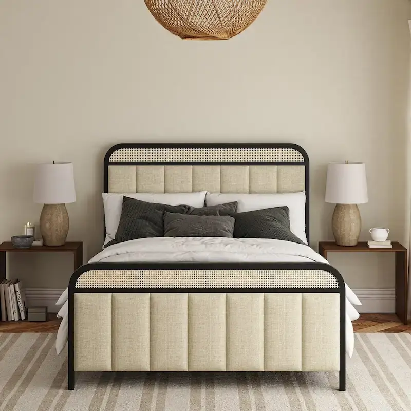 Alphons Modern Solid Wood Frame Ratten Bed with LED Headboard by HULALA HOME