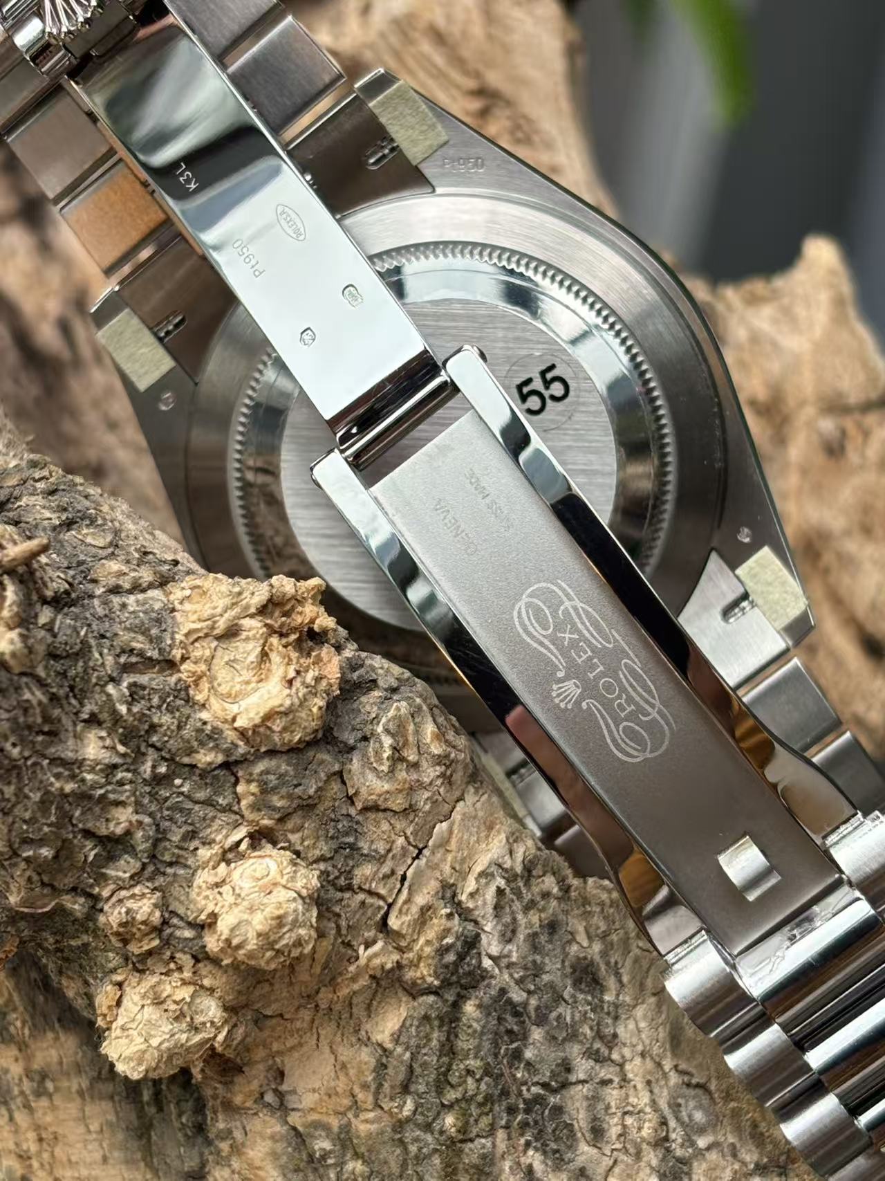 Rolex Day-Date replica clasp and caseback close-up