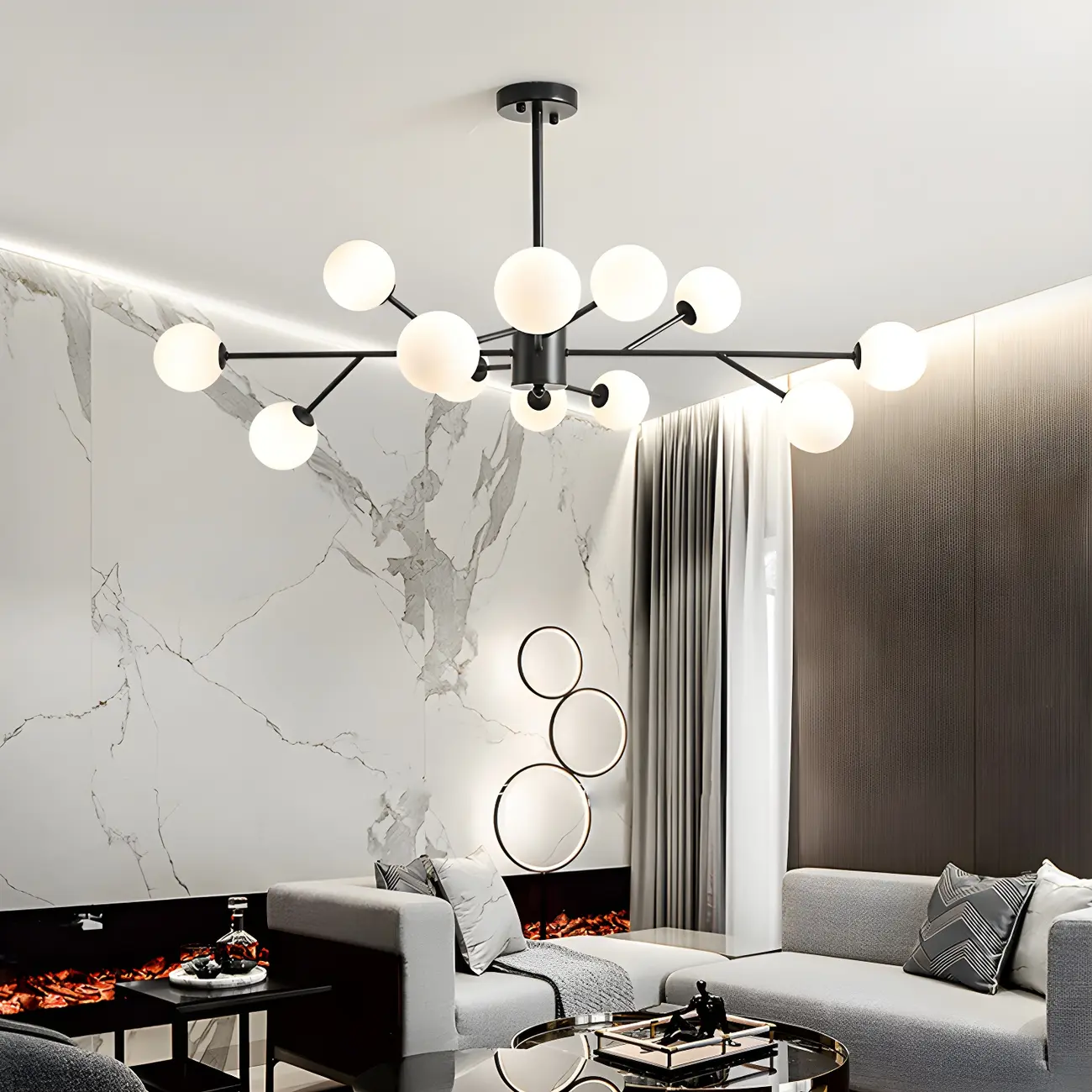 Mid-Century Modern White Globe Glass Sputnik Chandelier