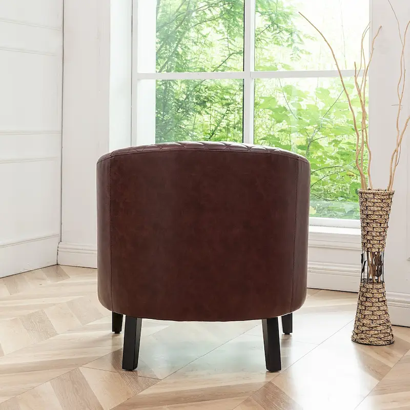KINWELL PU Leather Tufted Barrel Chair Club Armchair with Nailheads