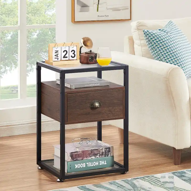 VECELO (Set of 2) Modern 1-Drawer Nightstand with 2-tier Glass Shelves