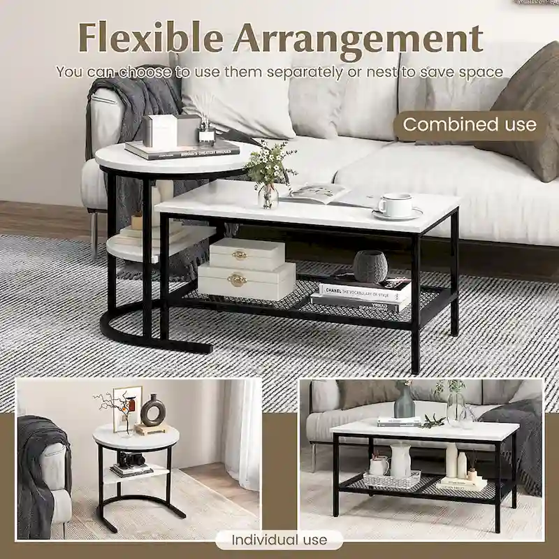 Gymax Nesting Coffee Table Set of 2 Faux Marble Top Detachable w/