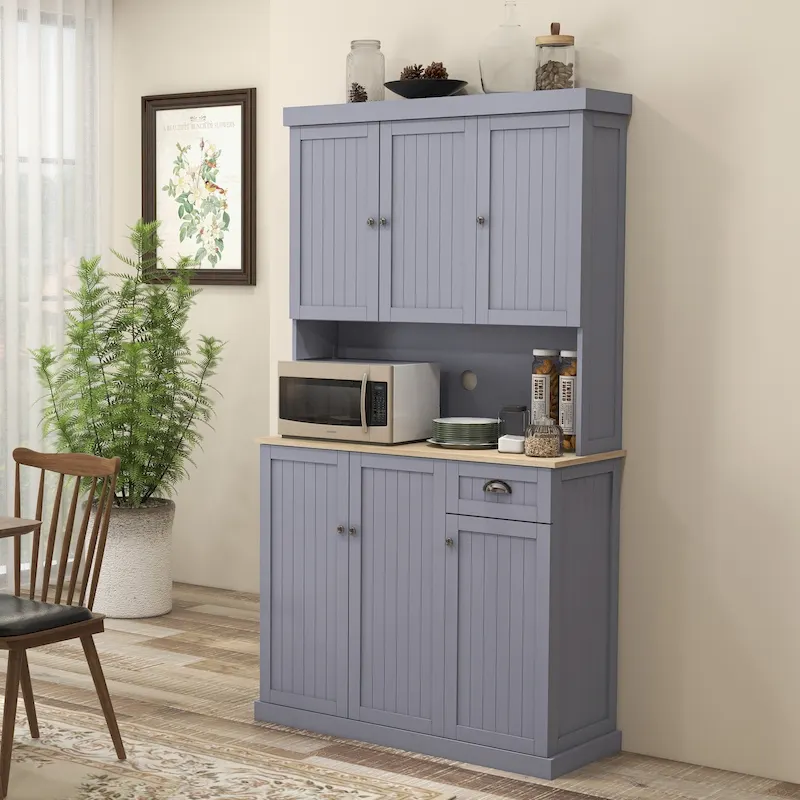 Gray Farmhouse Kitchen Pantry Cabinet with Hutch