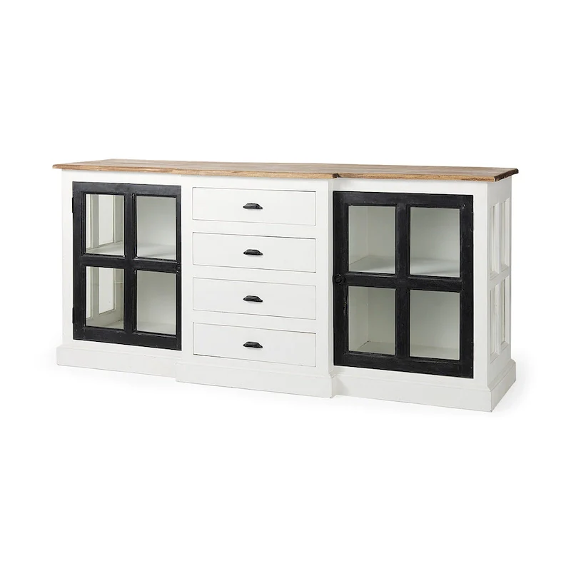 White Solid Mango Wood Farmhouse Sideboard with Glass Doors & 4 Drawers – 75L x 20.8W x 34.3H