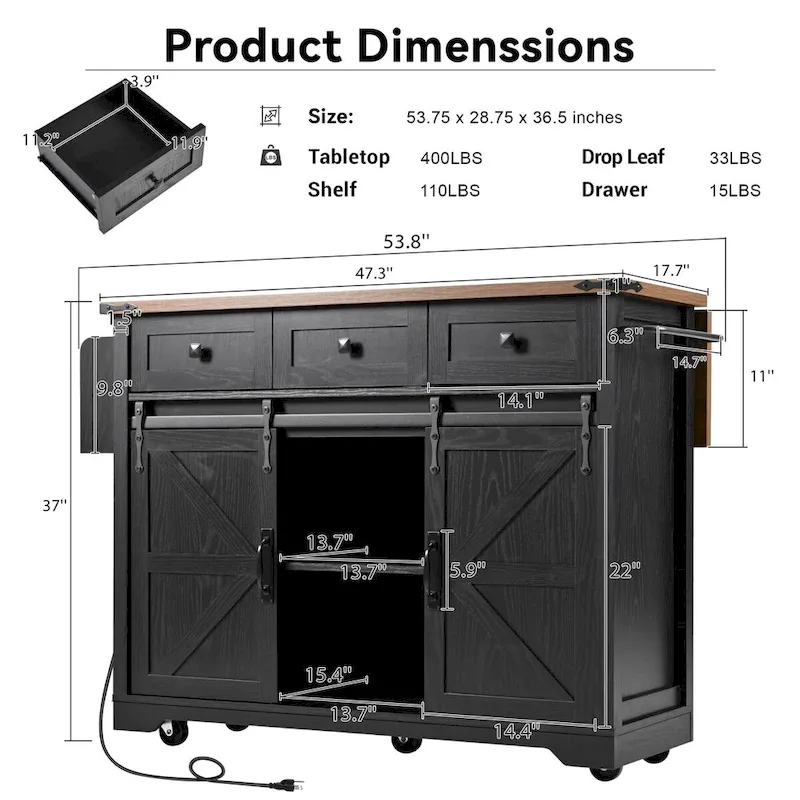 53.7 Farmhouse Kitchen Island with Power Outlet