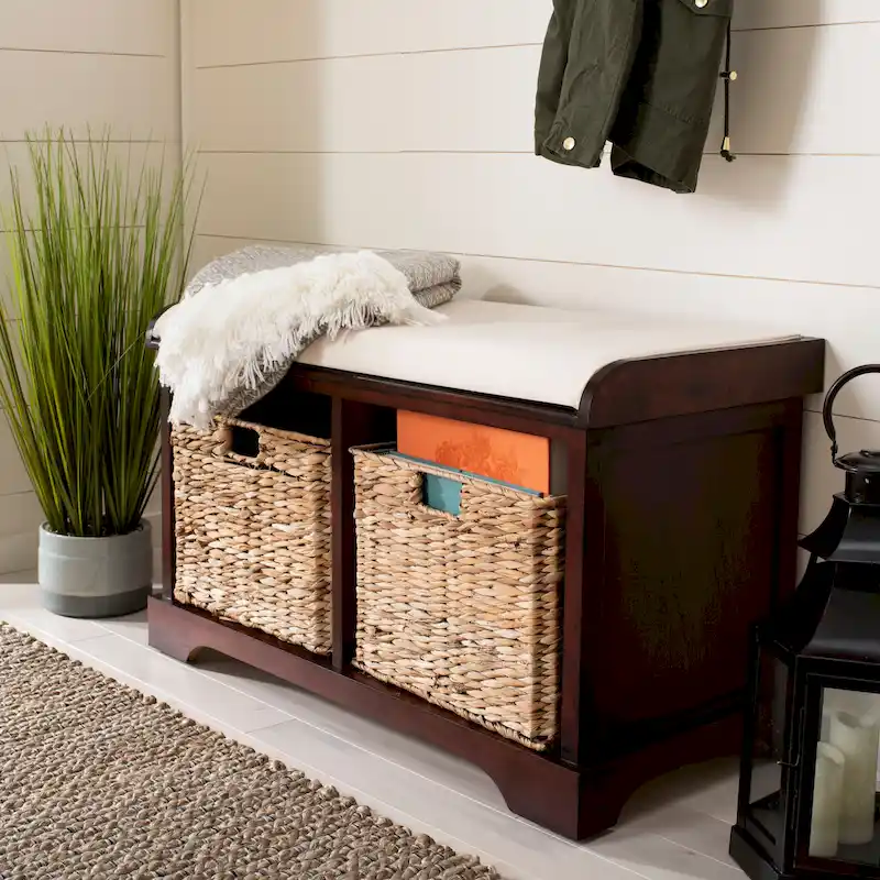 Woven Storage Bench with Linen Seat & Baskets, 34Wx16Dx20H, 1-Person – Cherry/Grey/Brown/White/Black