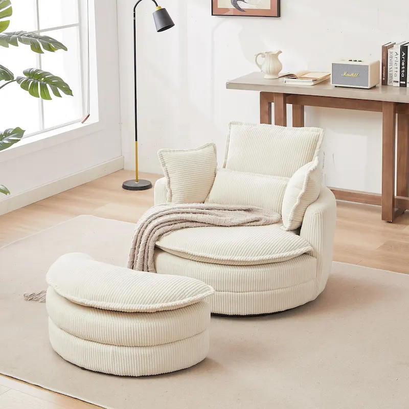 Beige Swivel Barrel Chair with Storage Ottoman, 1-Seat