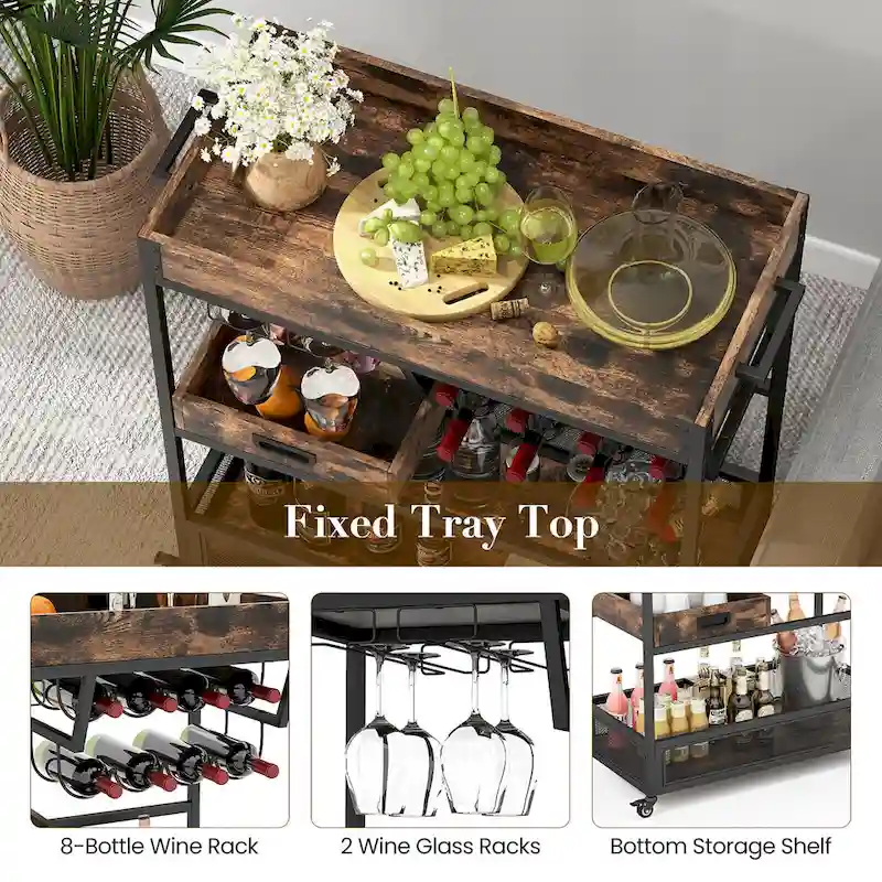 Rolling Bar Cart 3-Tier Industrial Buffet Serving Trolley w/
