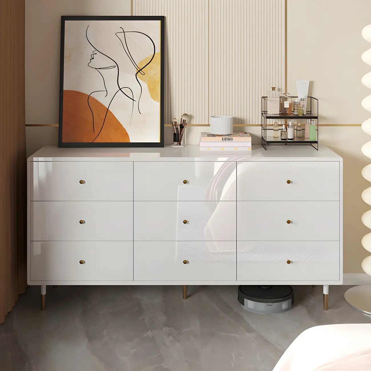 Modern Wooden White Dresser with Gold Handles