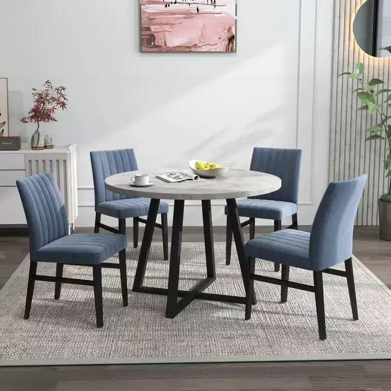 Roundhill Furniture Edo 5-Piece Dining Set, Round Trestle Table and 4 Upholstered Chairs