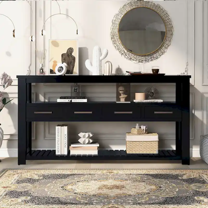 Black / Navy Blue / White Vintage-Style Console Table with 4 Drawers & 2 Open Shelves, 1-Person