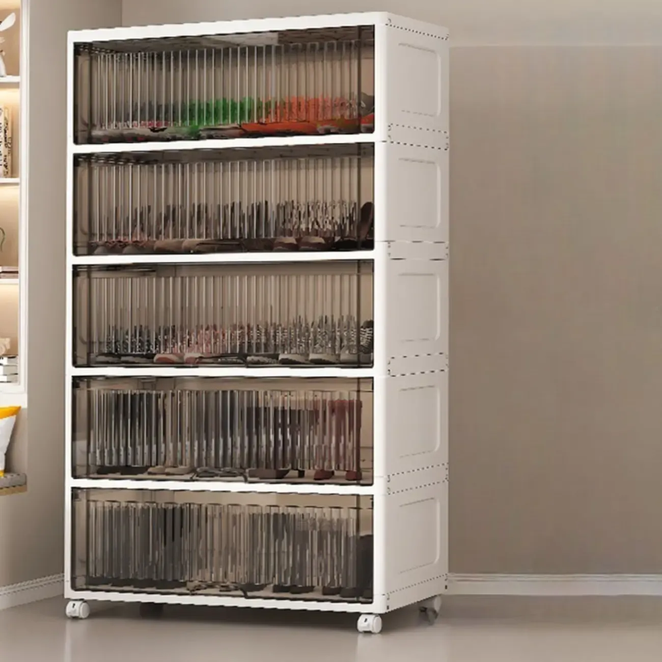 Hallway White Plastic Drop-Front Shoe Cabinet with Casters