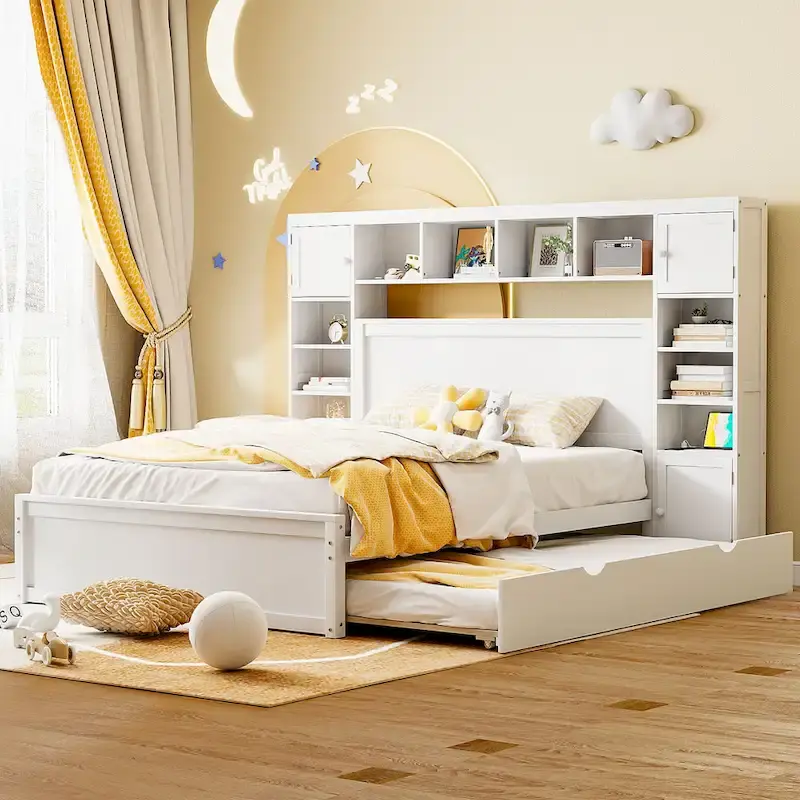 Modern Wooden Bed with Cabinet, Shelf, and Sockets