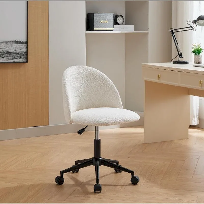 White & Black Mid-Back Boucle Upholstered Swivel Office Chair with Black Metal Legs - Single Use