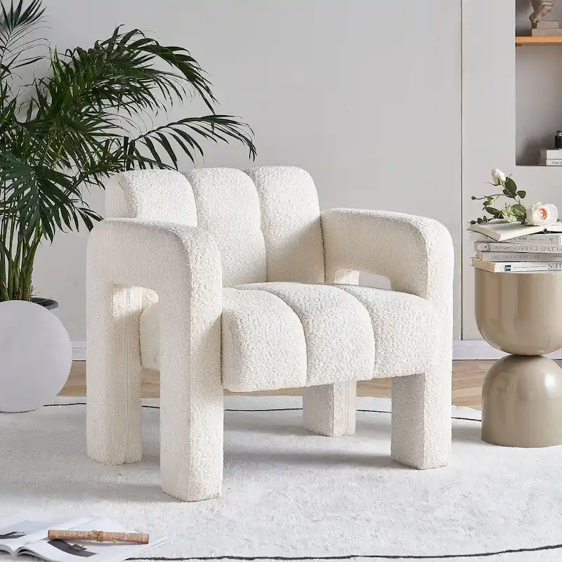Beige / Green Boucle Upholstered Accent Chair with Solid Wood Frame – 1-Seater
