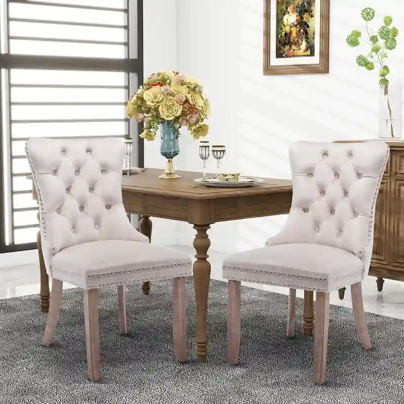 Velvet Dining Chairs, Tufted Solid Wood Armless Chairs Accent Chair with Nailhead Trim and Back Ring Pull