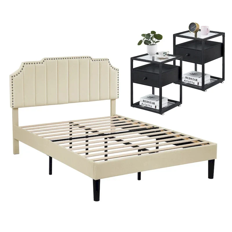 Bedroom Sets, 15 Style Options, 3-pieces Bedroom Set with Height Adjustable Upholstered Bed and Nightstands Set of 2-VECELO
