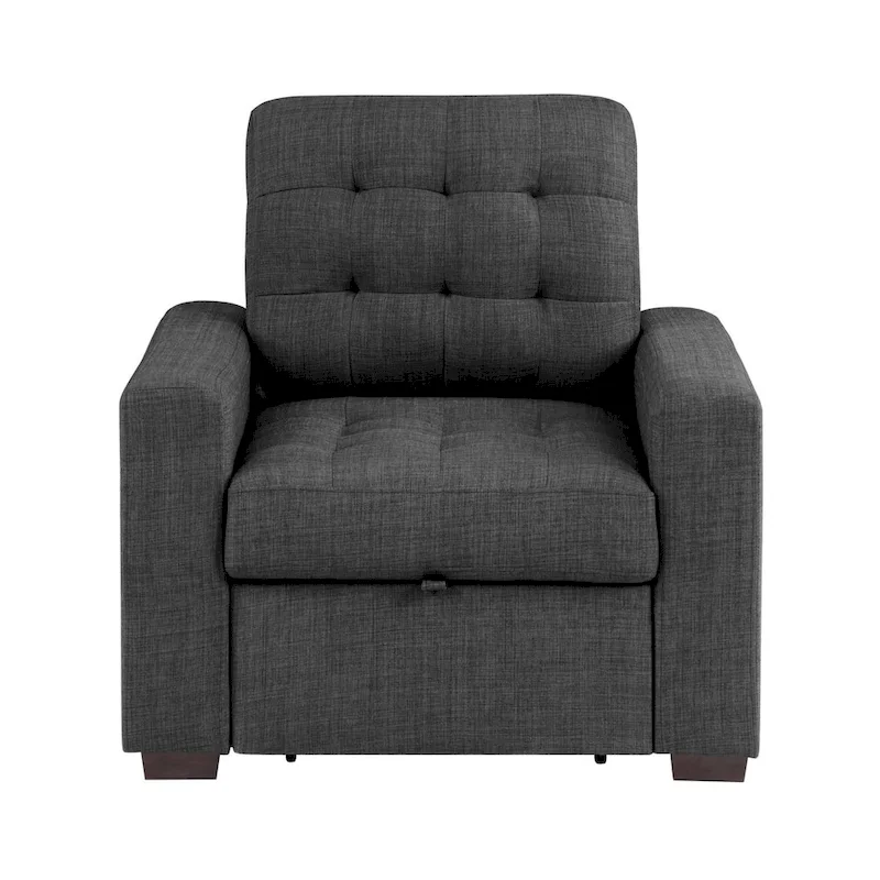 Cliff 37 Inch Chair, Pull Out Ottoman, Dark Gray Polyester, Espresso Wood